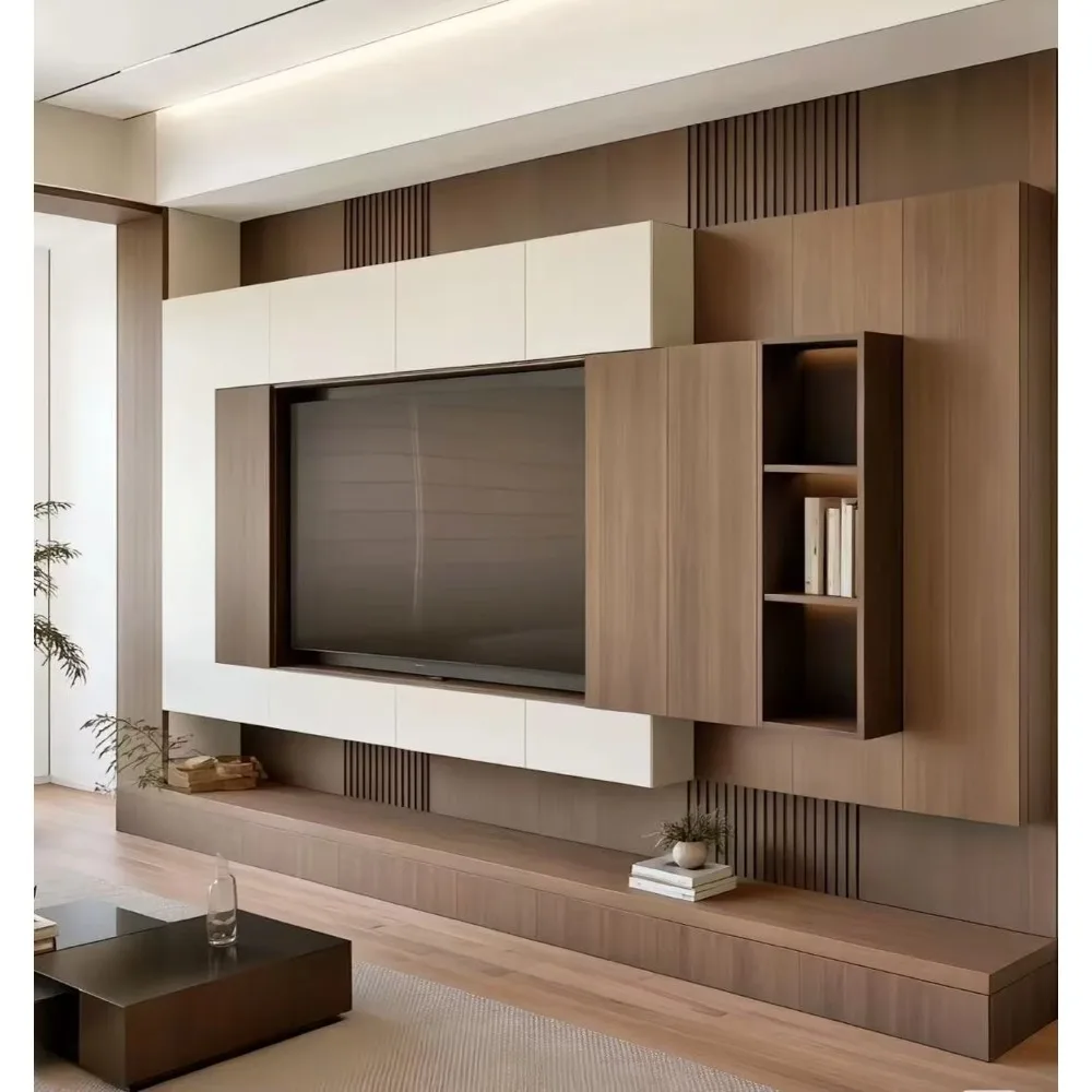 Home Cinema Furniture - ตู้วางทีวีไม้แบบโมเดิร์น ดีไซน์แผงหน้าบาน ปรับความสูงได้ รองรับทีวีขนาด 65 นิ้วขึ้นไป