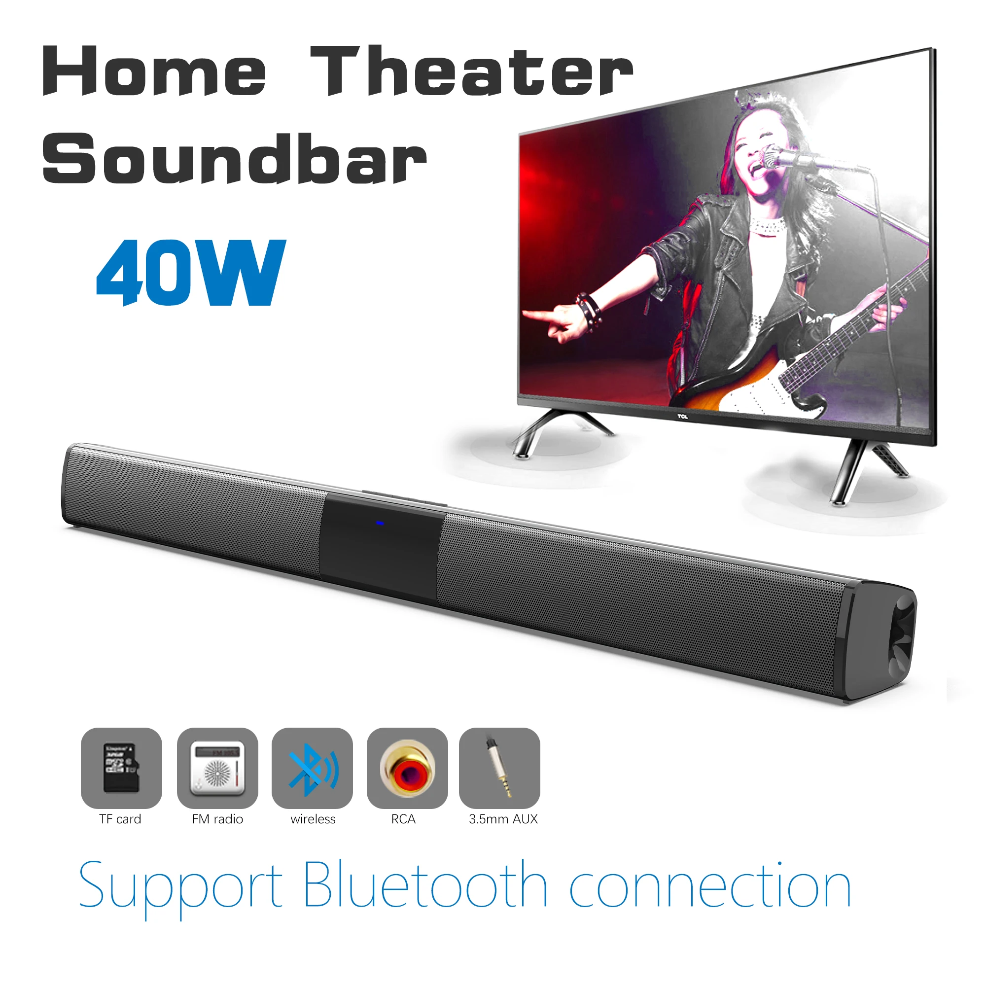 Home Cinema Speaker System - แถบเสียงพลังสูง40W สำหรับทีวีคอมพิวเตอร์ลำโพงบลูทูธไร้สายระบบเสียงโฮมเธียเตอร์วิทยุเอฟเอ็มซับวูฟเฟอร์กล่อง RCA TF