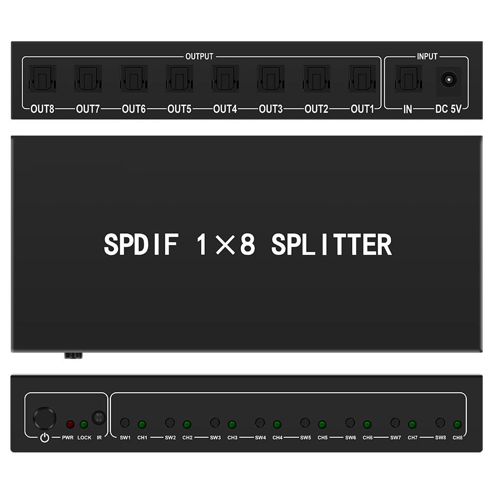 Home Cinema Tv - ตัวแยกสัญญาณเสียงออปติคอล1 in 8เอาต์พุตไฟเบอร์ออปติกตัวแยกสัญญาณ s/pdif สำหรับโฮมเธียเตอร์ลำโพงเพลย์สเตชันทีวีเครื่องเล่นดีวีดี