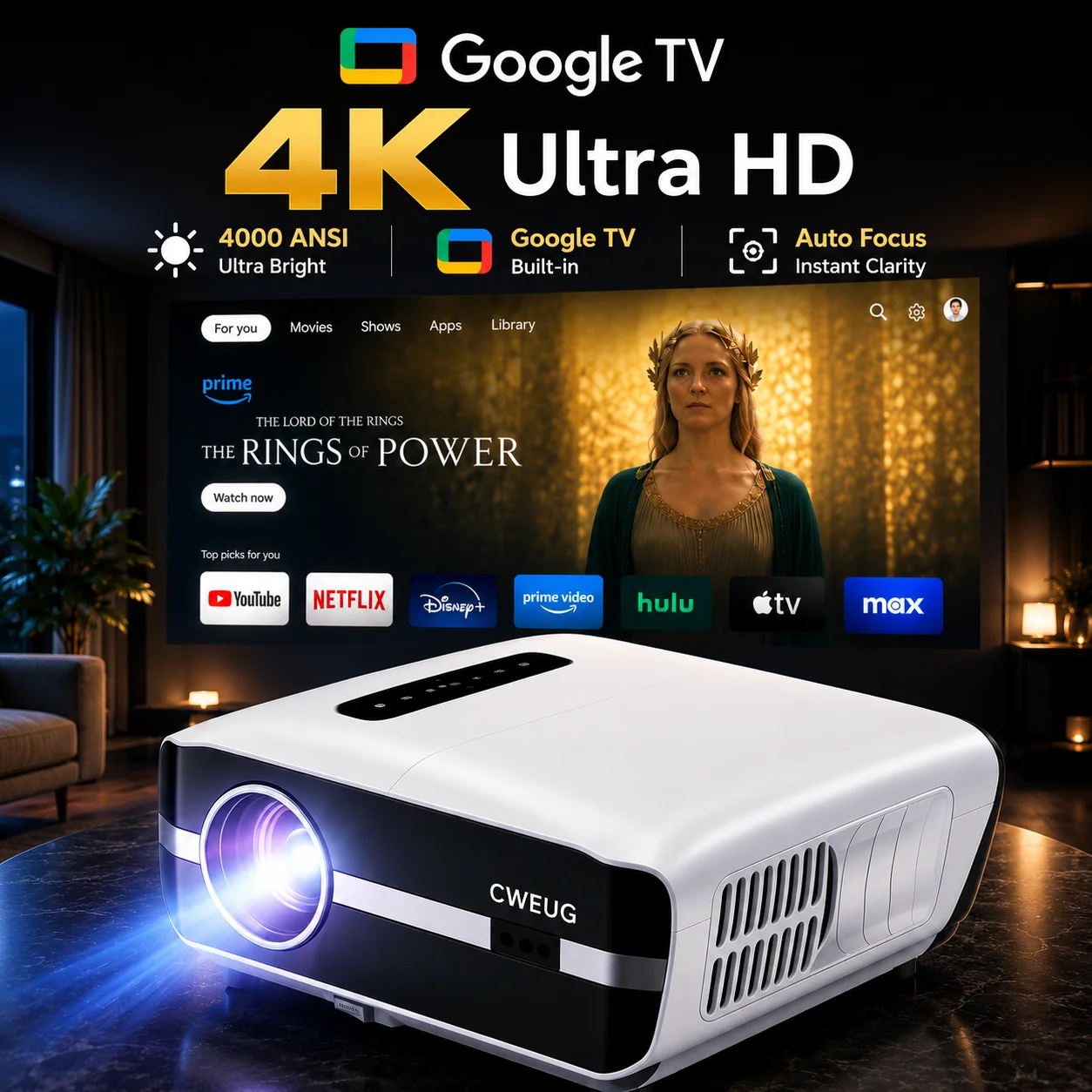 Home Cinema Speaker System - โปรเจคเตอร์ NewA9S 4k โฟกัสอัตโนมัติ โปรเจคเตอร์สำหรับใช้งานกลางวัน รองรับ
